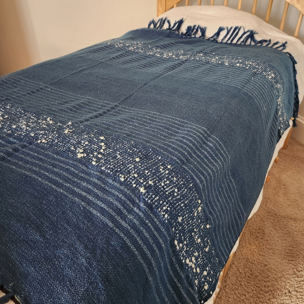 MALAGOON Blanket Throw Blue White Stripes Wool Blend Textured Fringe 59 x 50 - Picture 10 of 11